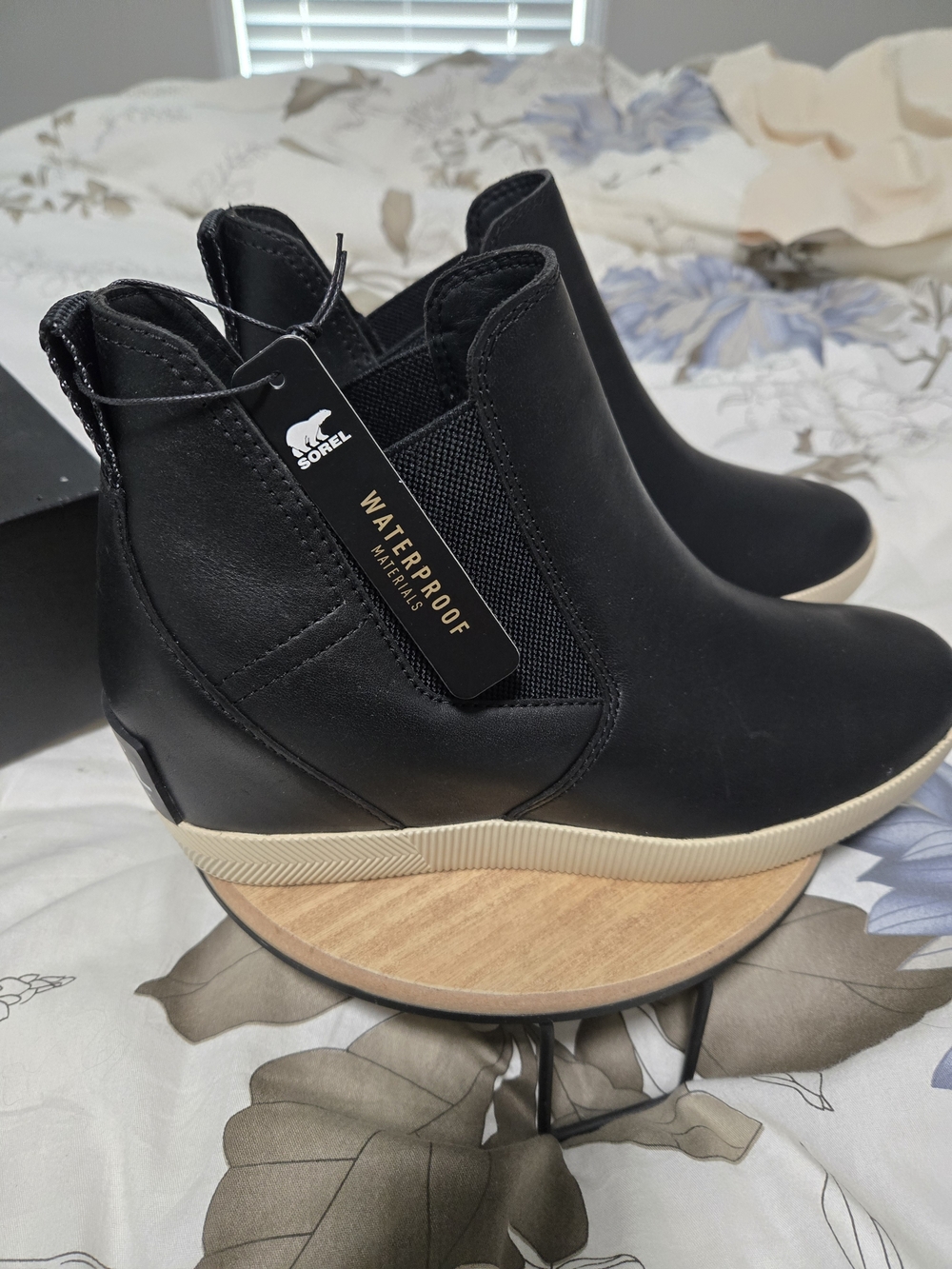 Sorel Black Waterproof Chelsea Wedge Ankle Boot with Cream Sole